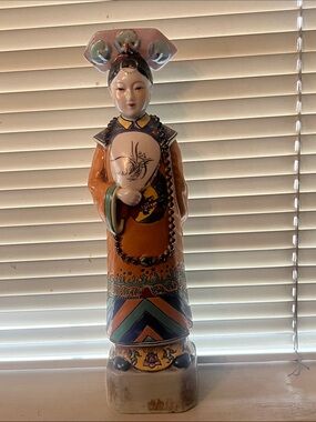 Colorful Antique Ceramic Figurine with Fan
